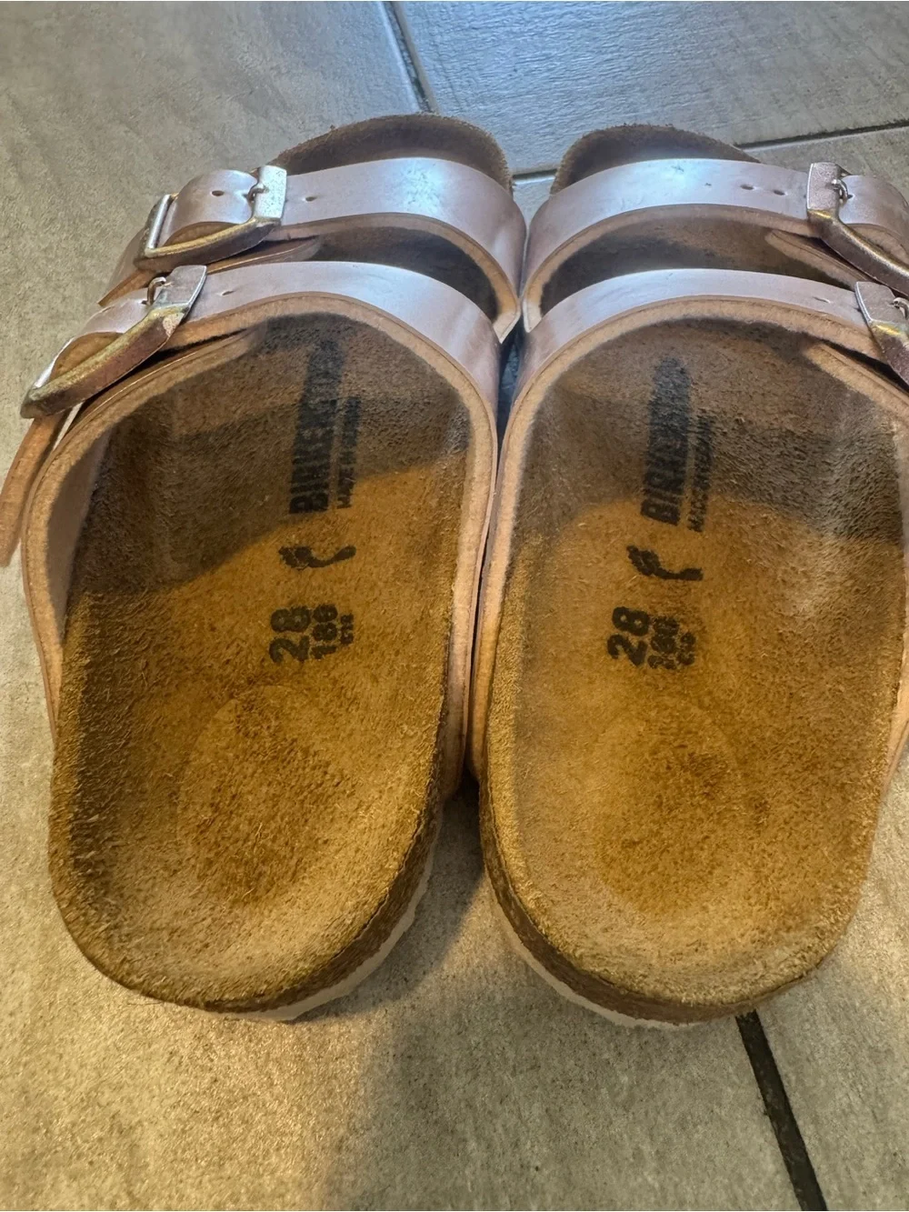 Birkenstock Arizona Metallic Copper Leather Slides Sandals Girl’s Sz 28EU/10 US